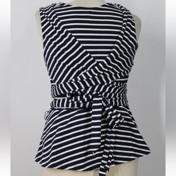 J. Crew Navy and White Striped Tie Waist Peplum Sleeveless Top Size Small - Picture 4 of 5